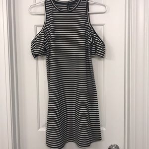 Black and white stripe cold shoulder mini dress